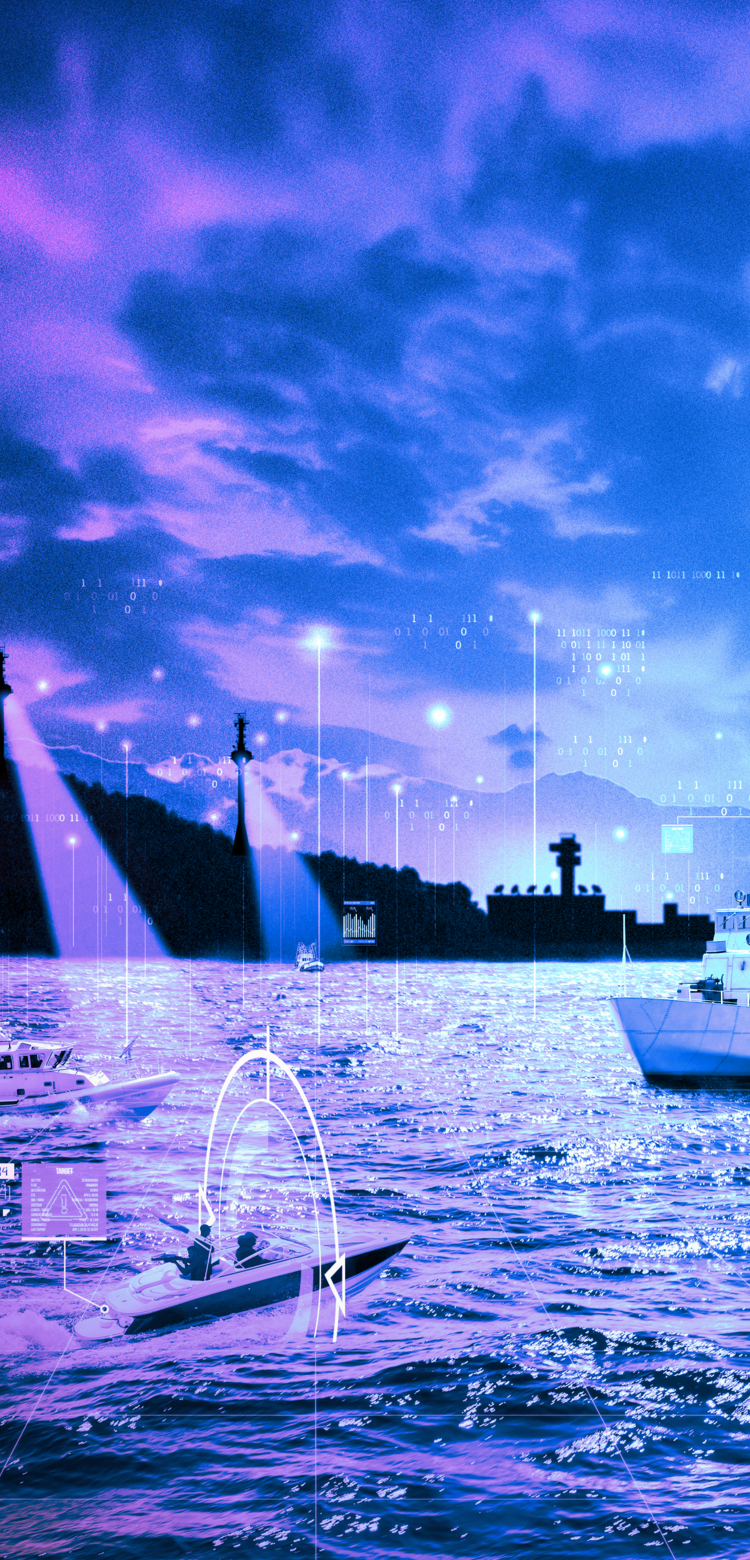 Representation of control tower monitoring and identifying vessel close to a coastline
