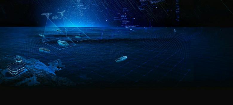 Representation of maritime surveillance with a control tower and its sensors, satellite imagery 