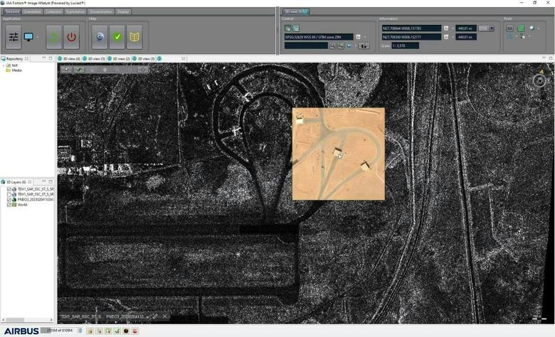 A radar and optical viewer showing military base